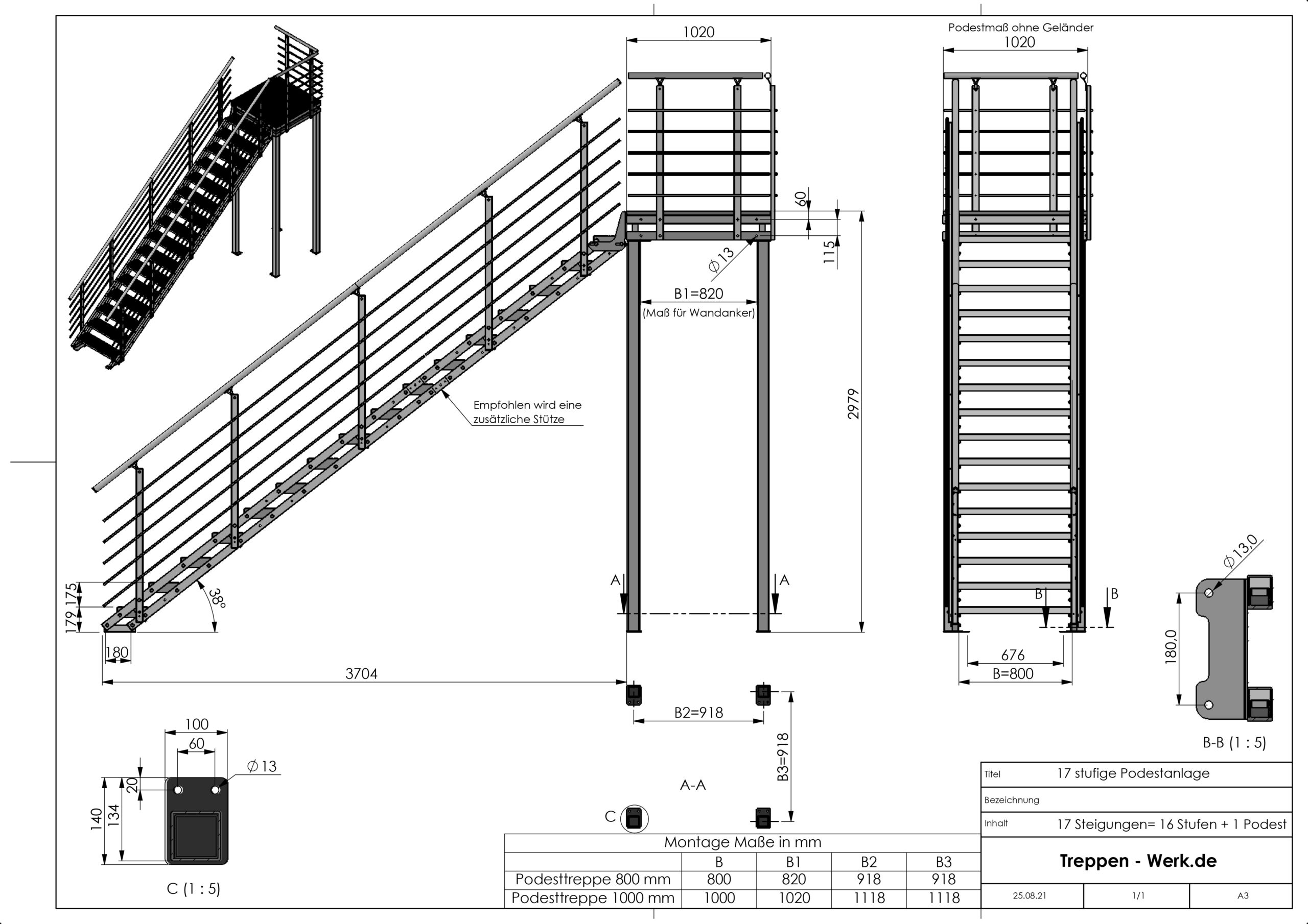 Anstellhöhe variabel von 29 cm bis 44 cm feuerverzinkte Stahltreppe mit 1000 mm Stufenlänge als montagefertiger Bausatz Außentreppe 2 Stufen 100 cm Laufbreite einseitiges Geländer rechts Gitterroststufe ST3