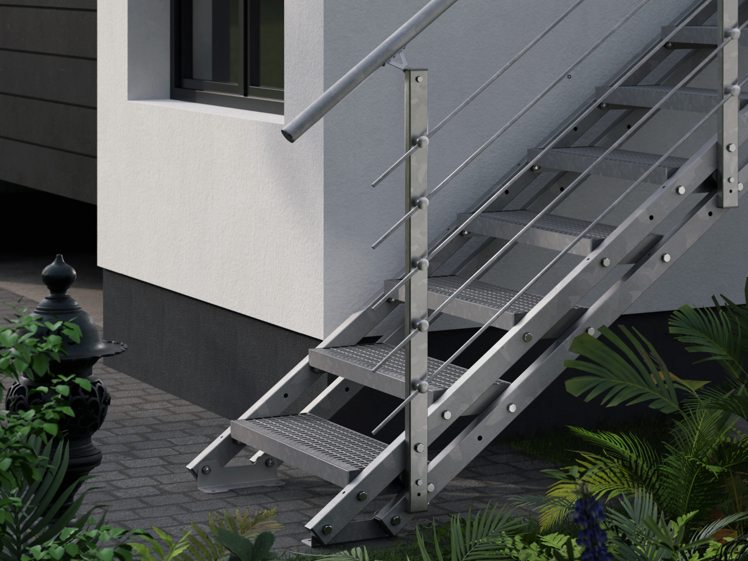 Anstellhöhe variabel von 29 cm bis 44 cm feuerverzinkte Stahltreppe mit 1000 mm Stufenlänge als montagefertiger Bausatz Außentreppe 2 Stufen 100 cm Laufbreite einseitiges Geländer rechts Gitterroststufe ST3